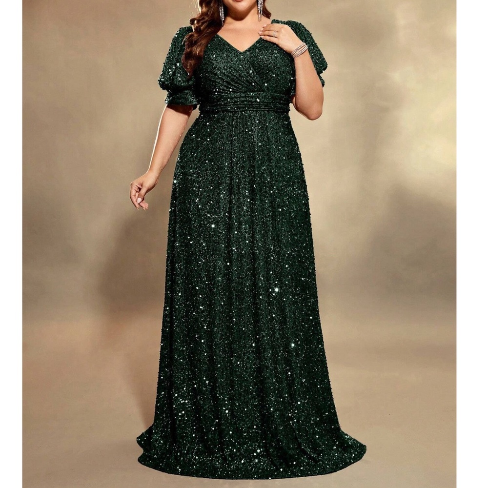 Plus Sequin Puff Sleeve High Waisted Party Formal Wedding Dress - Picture 4 of 9